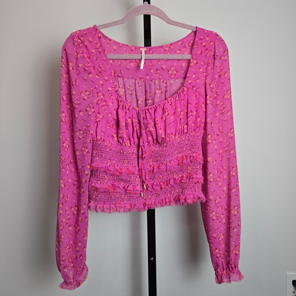 Free People Lolita Smocked Floral Long Sleeve‎ Peasant Blouse Pink Floral Small